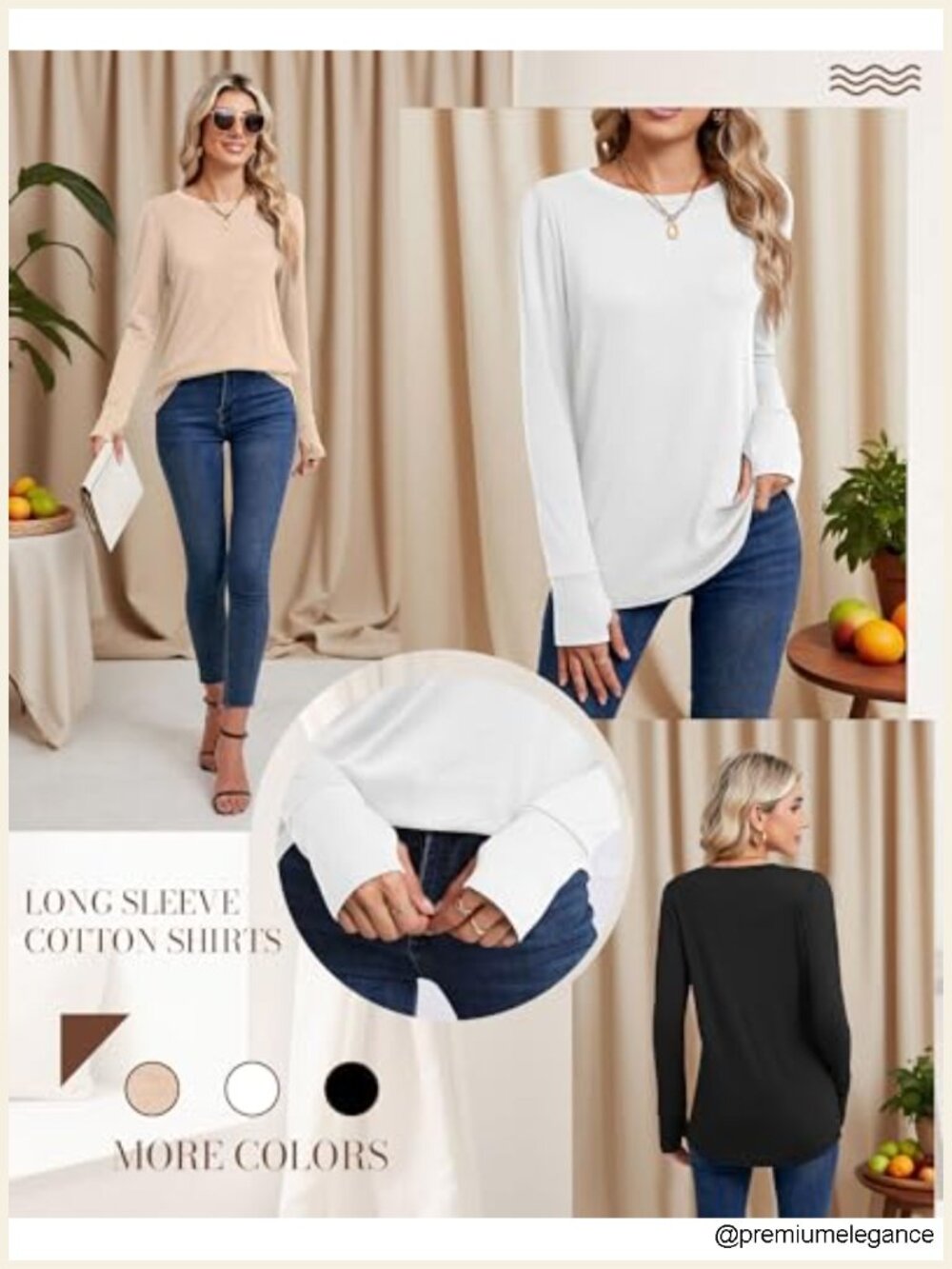 3 Pack Women's Long Sleeve Cotton Shirts With Thumb Holes - 95% Cotton Basic View 5